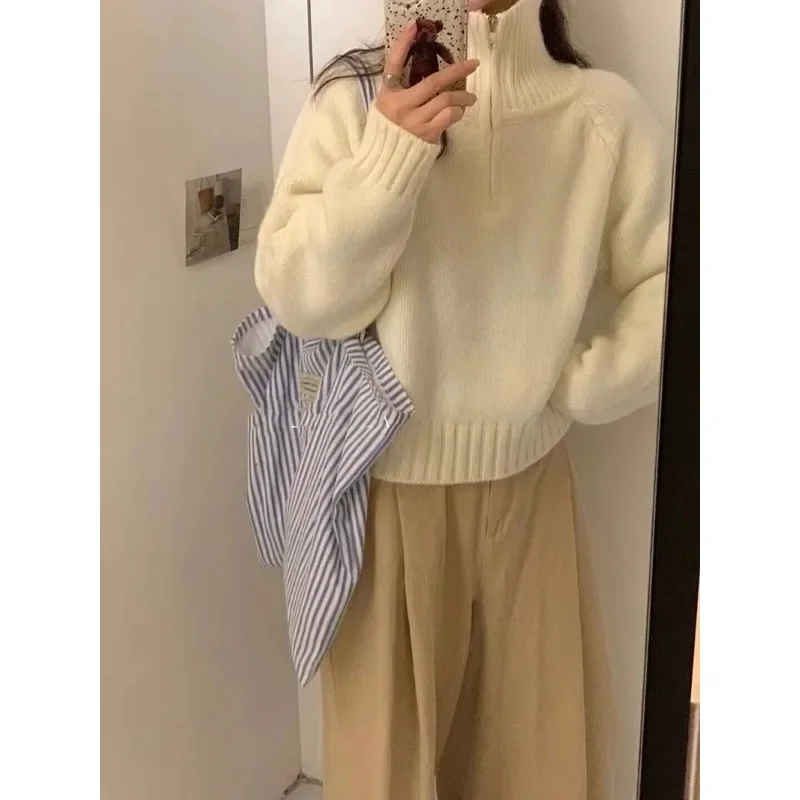 Nuovo autunno e inverno abbigliamento donna a maniche lunghe semi-dolcevole maglione con cerniera tinta unita camicia pullover da donna casual 1