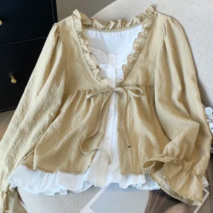 Camicia da donna coreana casual dolce fungo colletto in pizzo Top autunno nuove donne moda camicia a maniche lunghe con lacci in due pezzi finta 1