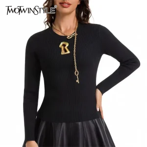 TWOTWINSTYL Solido Dimagrante Impiombato Paillettes Nozioni di Base Maglioni per Le Donne Girocollo Maniche Lunghe Scava Fuori Maglione Casual Femminile 1