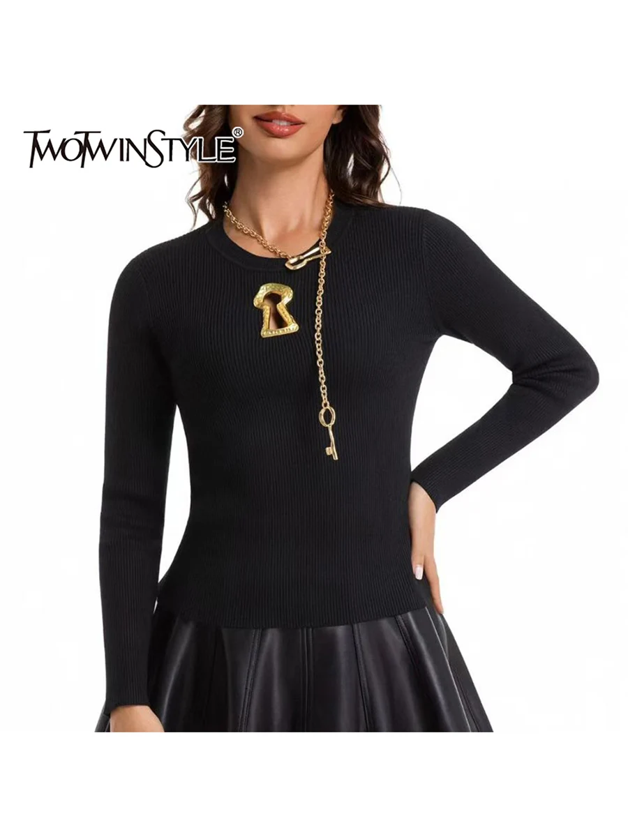 TWOTWINSTYL Solido Dimagrante Impiombato Paillettes Nozioni di Base Maglioni per Le Donne Girocollo Maniche Lunghe Scava Fuori Maglione Casual Femminile 1