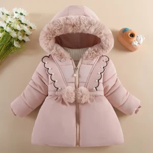 Cappotto in cotone spesso autunno inverno per bambini Giacca calda per bambina con perle Colletto in peluche Capispalla antivento con cappuccio da 1 a 6 anni 1