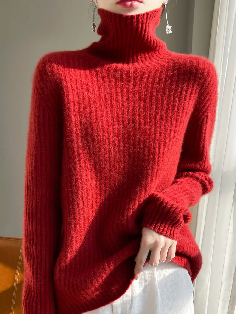 Autunno Inverno Donna 100% lana merino maglione dolcevita a righe pullover lavorato a maglia casual manica lunga spessa cashmere abbigliamento top 2