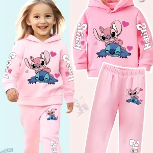 2025 Y2k Abbigliamento in due pezzi Felpa con cappuccio Lilo e Stitch Felpa per bambini a maniche lunghe per ragazze + Pantaloni Set per abbigliamento per neonati 1