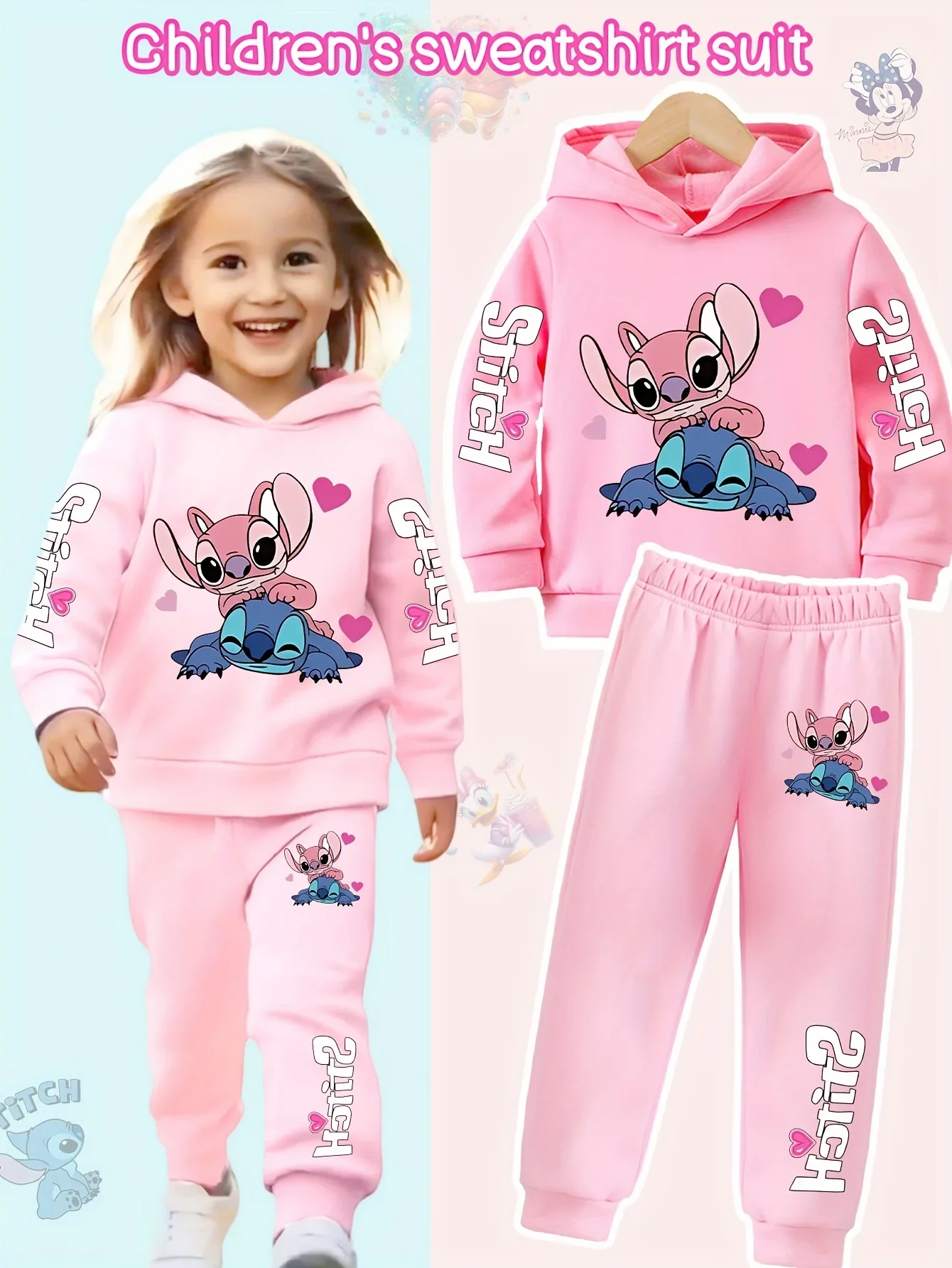 2025 Y2k Abbigliamento in due pezzi Felpa con cappuccio Lilo e Stitch Felpa per bambini a maniche lunghe per ragazze + Pantaloni Set per abbigliamento per neonati 1