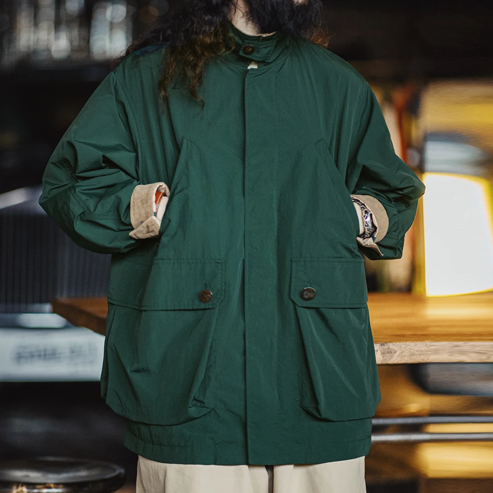 Maden Giacca Safari multitasche retrò da uomo Cappotto classico in velluto a coste allentato verde Capispalla versatile per la primavera e l'autunno 2
