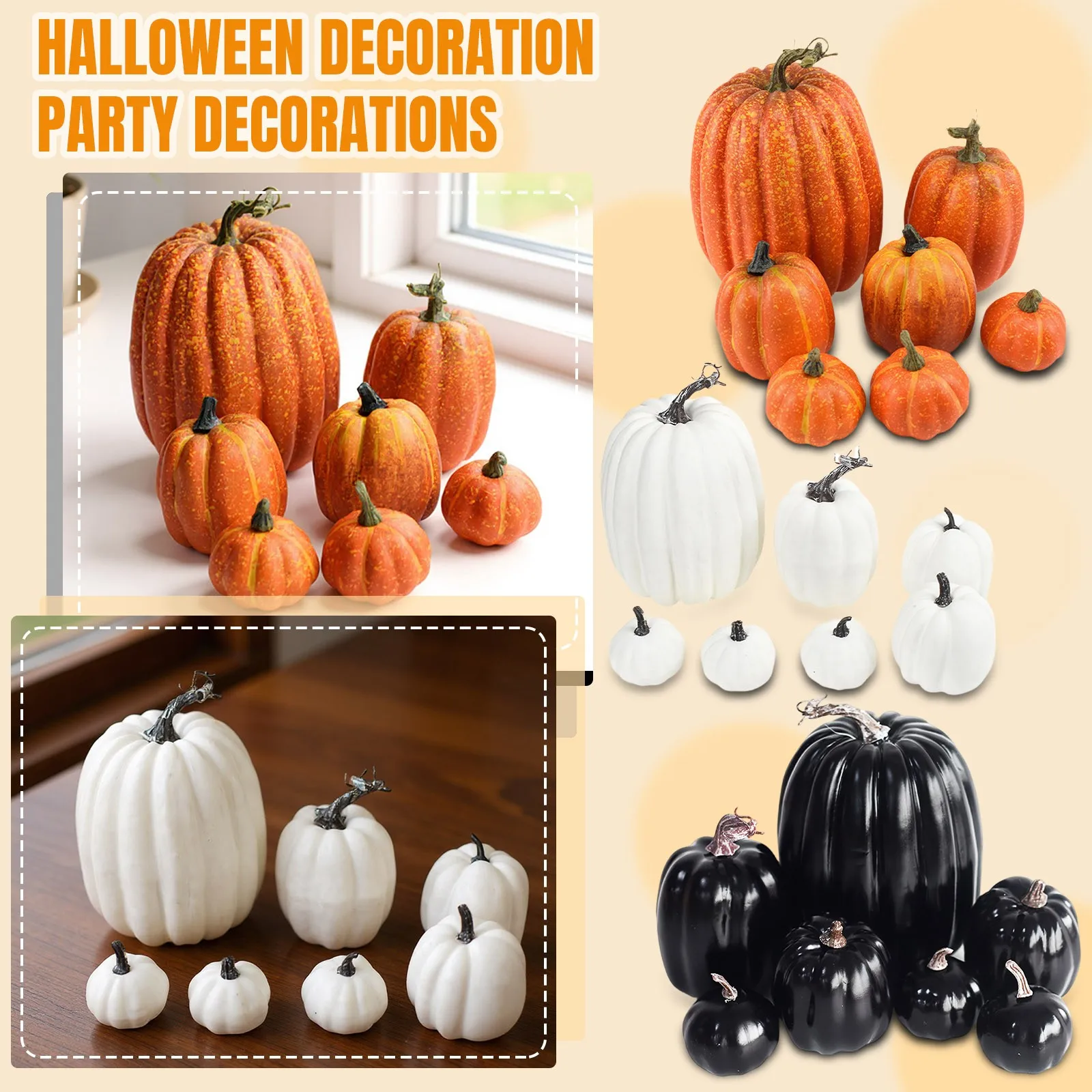 7 pezzi modello di zucca in schiuma di simulazione classico arancione nero bianco giorno del ringraziamento decorazioni per le vacanze ornamento accessori per oggetti di scena di Halloween 1