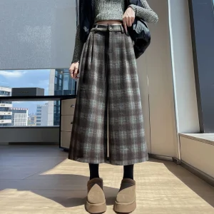 Capris scozzesi di alta qualità Donna Autunno Inverno Pantaloni larghi dritti vintage Donna Chic Pantaloni streetwear di lana spessa Donna 2025 1