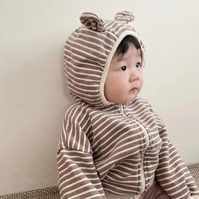 Camicia con cerniera per neonato primaverile e autunnale Giacca con orecchie da orso con cappuccio a righe Cardigan con cappuccio per ragazzi e ragazze 2