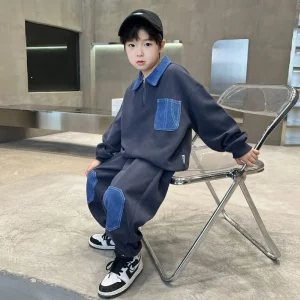 Set di felpe Colorblock Completo per bambini per ragazzo 2025 Nuovi vestiti Abbigliamento da esterno Inverno Bambini Set da uomo Ragazzi Ragazzo Top Bottom 1