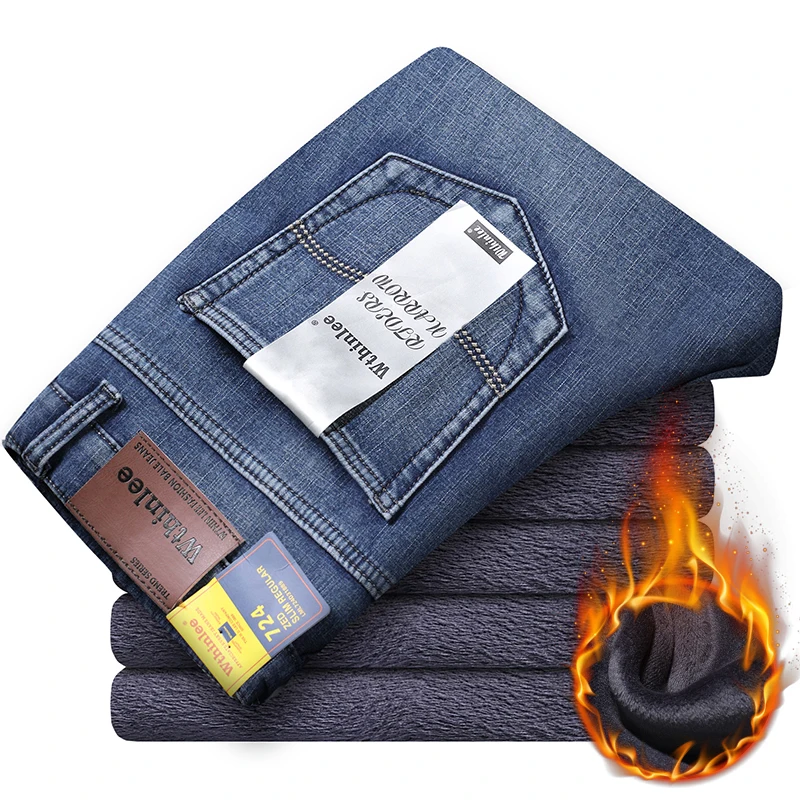 2025 Jeans invernali da uomo caldi pantaloni in denim caldi foderati in pile vestibilità dritta pantaloni da cowboy spessi elasticizzati classici da uomo blu da lavoro 6