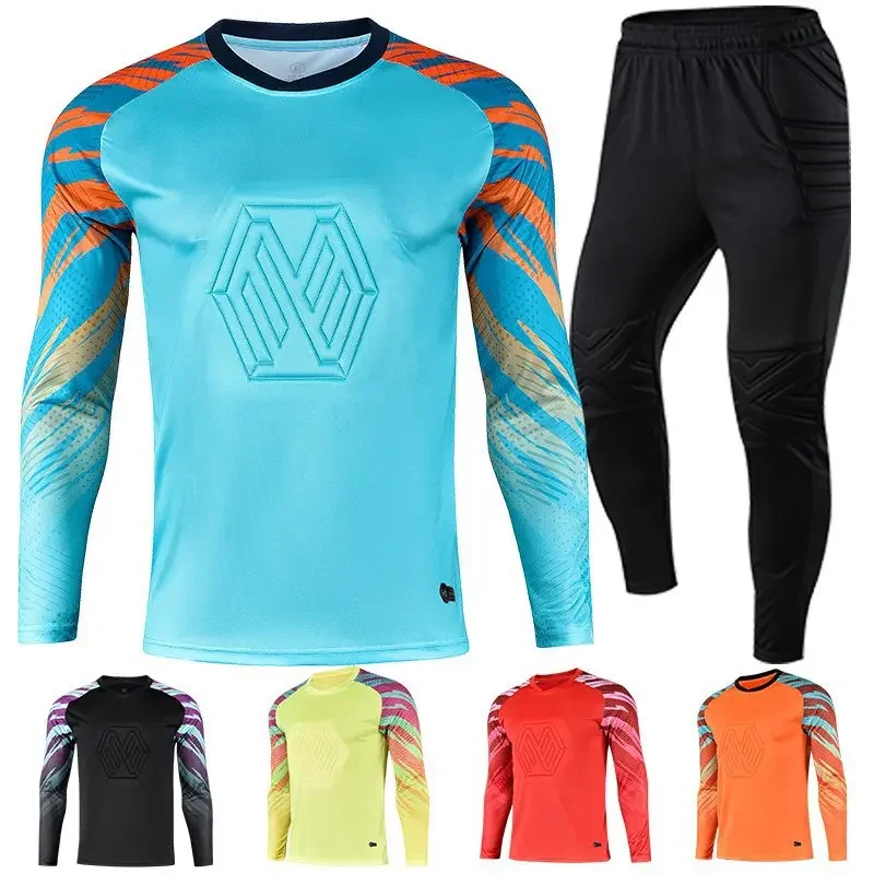 Nuovo uniforme da uomo per allenamento da calcio, uniforme da portiere, maglia da calcio per bambini, set di pantaloni protettivi in spugna a maniche lunghe 1