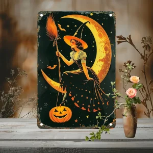 Targa in metallo vintage con strega e luna di Halloween - Targa decorativa in alluminio per artigianato e forniture 1