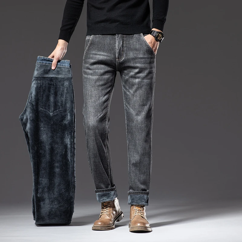 Jeans da uomo in pile 2025 abbigliamento da uomo Casual Jean inverno nuovi pantaloni in pile spessi e caldi pantaloni in denim maschile vestibilità dritta 4