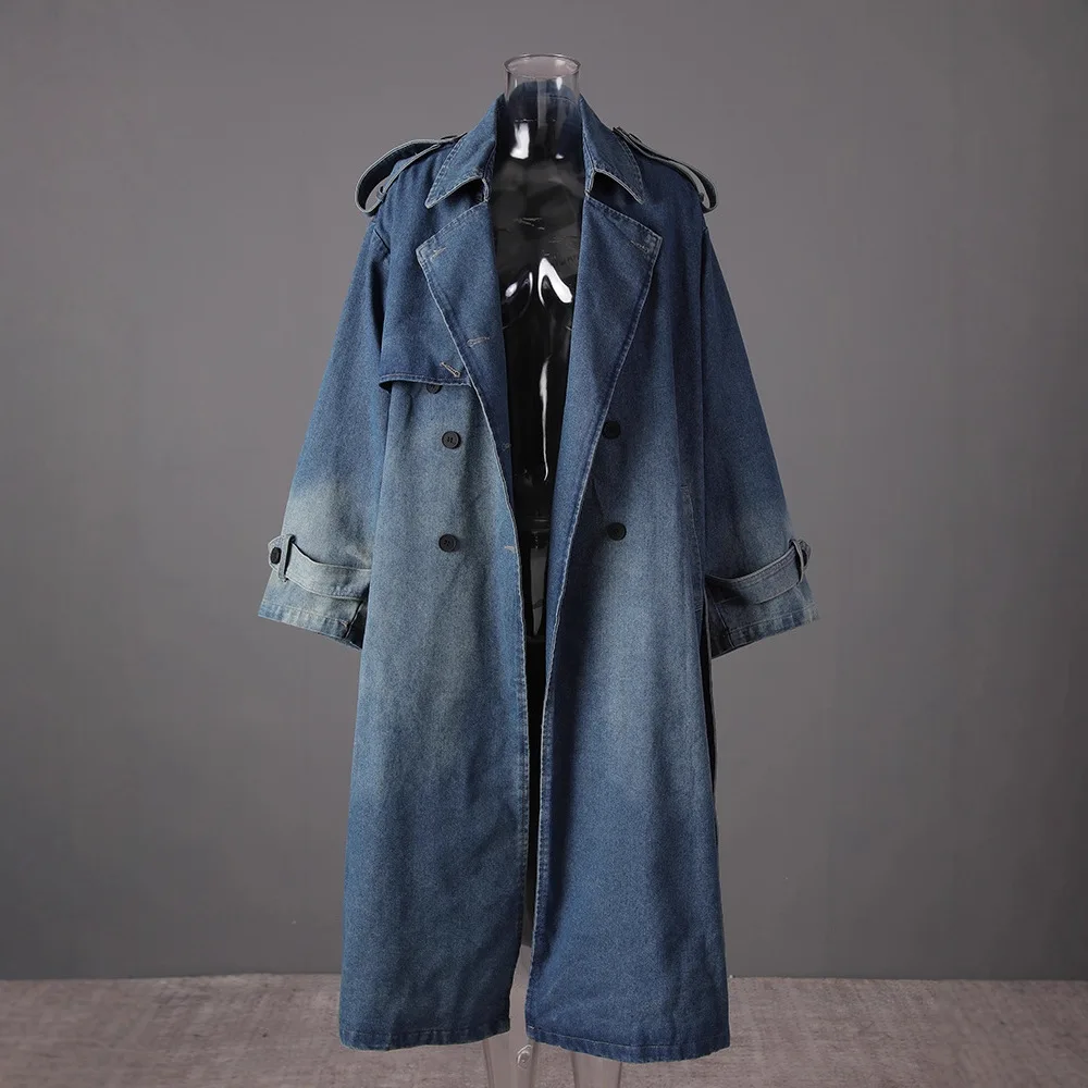 SuperAen 2025 Autunno e Inverno Nuovo Trench di jeans impiombato per le donne Cappotti lunghi casual oversize blu retrò allentati 2