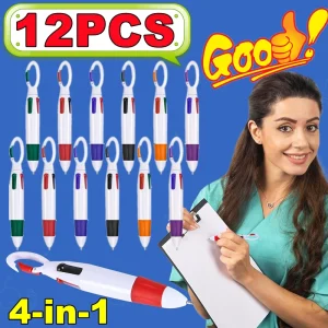 Nuove mini penne a navetta retrattili da 1-12 pezzi Penne a sfera colorate portatili 4 in 1 con portachiavi per adulti, infermieri, scuola, escursioni 1