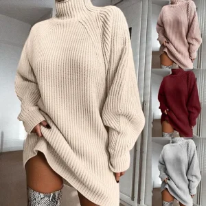 Maglione da donna autunno inverno fata abito lavorato a maglia collo alto di media lunghezza tinta unita casual semplice versatile morbido nuovo personalizzato 1
