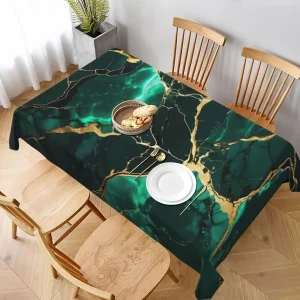 Tovaglia rettangolare con struttura in marmo, decorazioni per feste, riutilizzabili, tovaglie in marmo verde ciano, oro, cucina, tavolo da pranzo 1