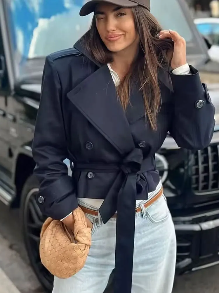 HH 2025 Primavera Retro Scollo a V Doppio Petto Tasca da Donna Top Giacca Allentata da Donna Street Casual Lace-up Trench Corto 2