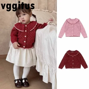 Cardigan lavorato a maglia per bambina con colletto alla Peter Pan Cappotto maglione abbottonato in pizzo scavato per bambini Capispalla autunno inverno D5208 1