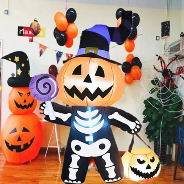 Scheletro di zucca gonfiabile di Halloween da 1,7 m Piccolo fantasma con luci a LED Decorazione del cortile esterno Giardino domestico Festival Horror Prop 2