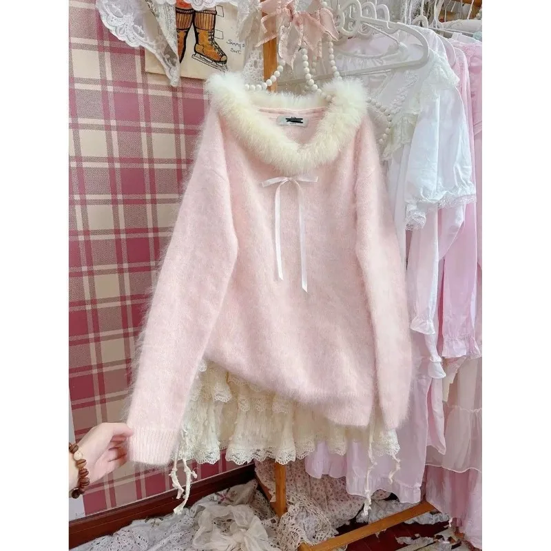 Maglioni coreani rosa dolce da donna eleganti con spalle scoperte camicie Kawaii carine maniche lunghe femminili pullover casual bianchi inverno 2025 4