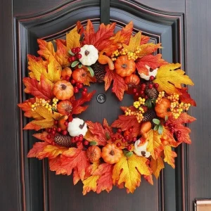 Ghirlanda per porta autunnale Natale Decorazione di Halloween Bacche di zucca Cono di pino Acero Ghirlanda artificiale Panno in rattan Materiale per la casa 1