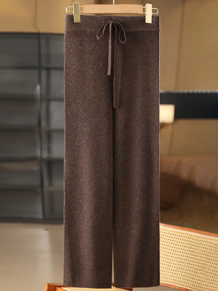 Pantaloni larghi in lana da donna chic Vita elastica in cashmere a righe Autunno Inverno 100% lana merino Maglieria Pantaloni casual semplici 2
