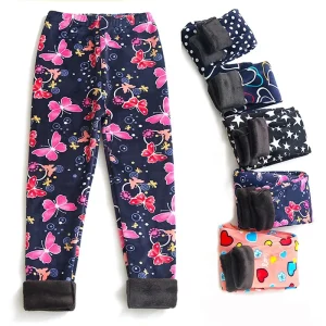 Pantaloni foderati in pile per ragazze Stile autunno/inverno Stampa per bambini Slims Liscia Silhouette Pantaloni caldi Capispalla per bambini medi 1
