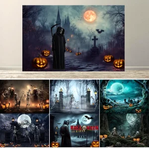 Sfondo di Halloween Sfondo fotografico Horror Luna Notte Spaventoso Cimitero Zucca Lanterna per bambini Banner di compleanno per famiglia di adulti 1