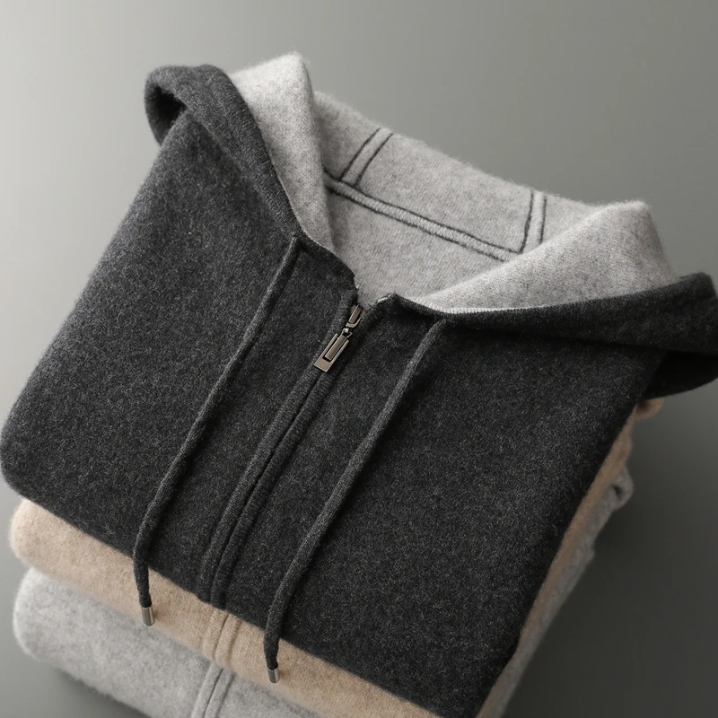 Comodo e pigro nuovo maglione con cappuccio da uomo in lana Merino 100% sciolto e spesso cappotto cardigan casual con cerniera per l'autunno e l'inverno 5
