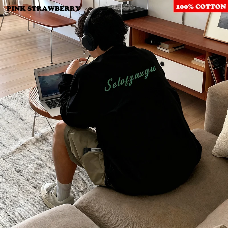 American Letter T-shirt bianca da uomo Autunno Inverno 2025 Nuovo 100% cotone maniche lunghe Sport Gym T-shirt Allentato Y2k Top abbigliamento uomo 4