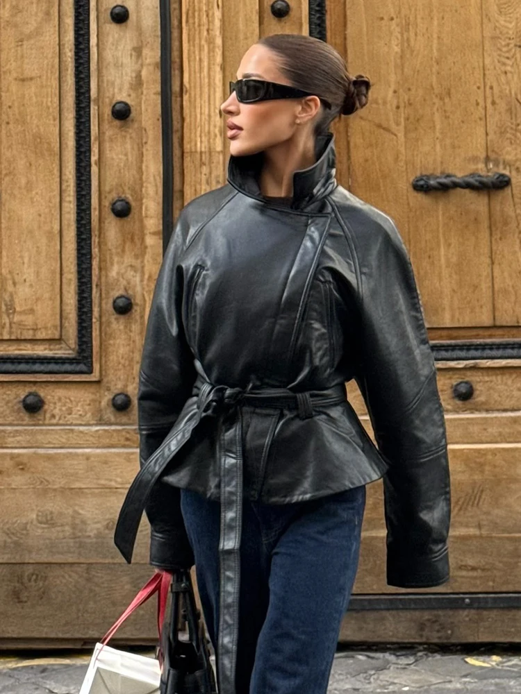 HH moda donna risvolto solido maniche lunghe cappotti larghi casual donna autunno cintura asimmetrica con cerniera decorare giacca corta da strada 2