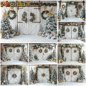 Mocsicka Sfondo fotografico natalizio Inverno Neve Albero di Natale Decorazione porta bianca Felice anno nuovo Festa Sfondo fotografico Banner 1