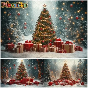 Mocsicka Grande albero di Natale Sfondo fotografico Fiocco di neve Lampada Regali Decor Bambini Baby Famiglia Festa Festa Sfondo Banner 1