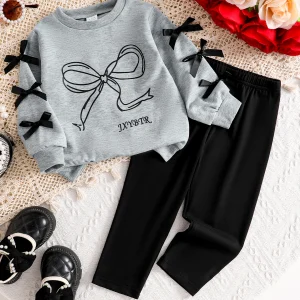Set da 2 pezzi per bambine: simpatico felpa grigia con stampa di fiocchi + pantaloni neri, completo comodo per la primavera, l'autunno e l'inverno. Pullover sportivo casual per bambina, set di due pezzi per t-shirt alla moda carina con fiocco a maniche lunghe per neonato, adatto per 0-1-2-3 anni, 6-9 mesi, adatto per uscire, abbigliamento casual, feste, regali di festa, feste 1