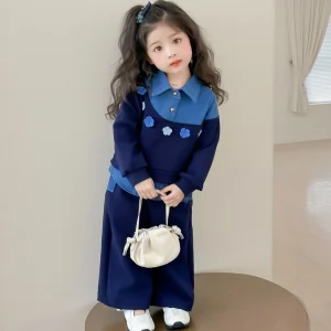 Vestito per ragazze 2025 Autunno e inverno Nuovi vestiti per bambini Ragazze Moda per bambini Cuciture Fiori da cowboy Due set di casual semplici 1