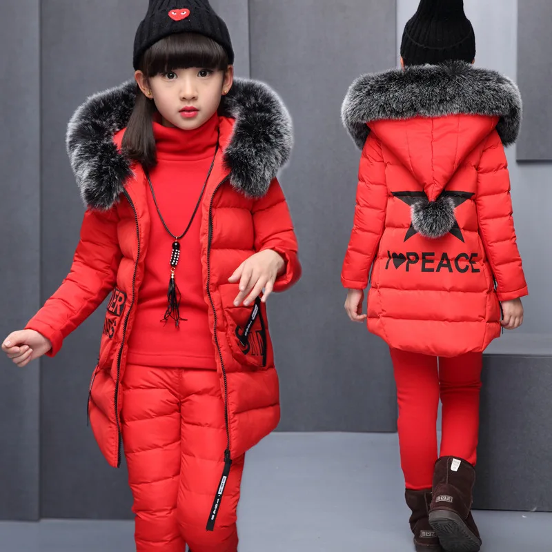 Set di abbigliamento per ragazza per la Russia giacca invernale con cappuccio + pantaloni in cotone caldo Top 3 pezzi cappotto con cappuccio in pelliccia 3