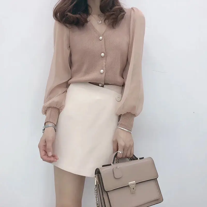 Camicette stile primavera autunno da donna Camicia da donna con bottoni lavorati a maglia Manica lunga Tinta unita Patchwork in pizzo Top SP820 2