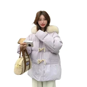 Versione leggera Cotone imbottito a mano Fibbia in corno viola Vestiti di cotone Colletto di pelliccia grande allentato invernale da donna Vestiti di pane addensati 1