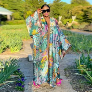 Boho stampato allentato Casual lungo Kimono Maxi abiti manica a pipistrello Trench tunica autunno 2023 donne Beachwear 1