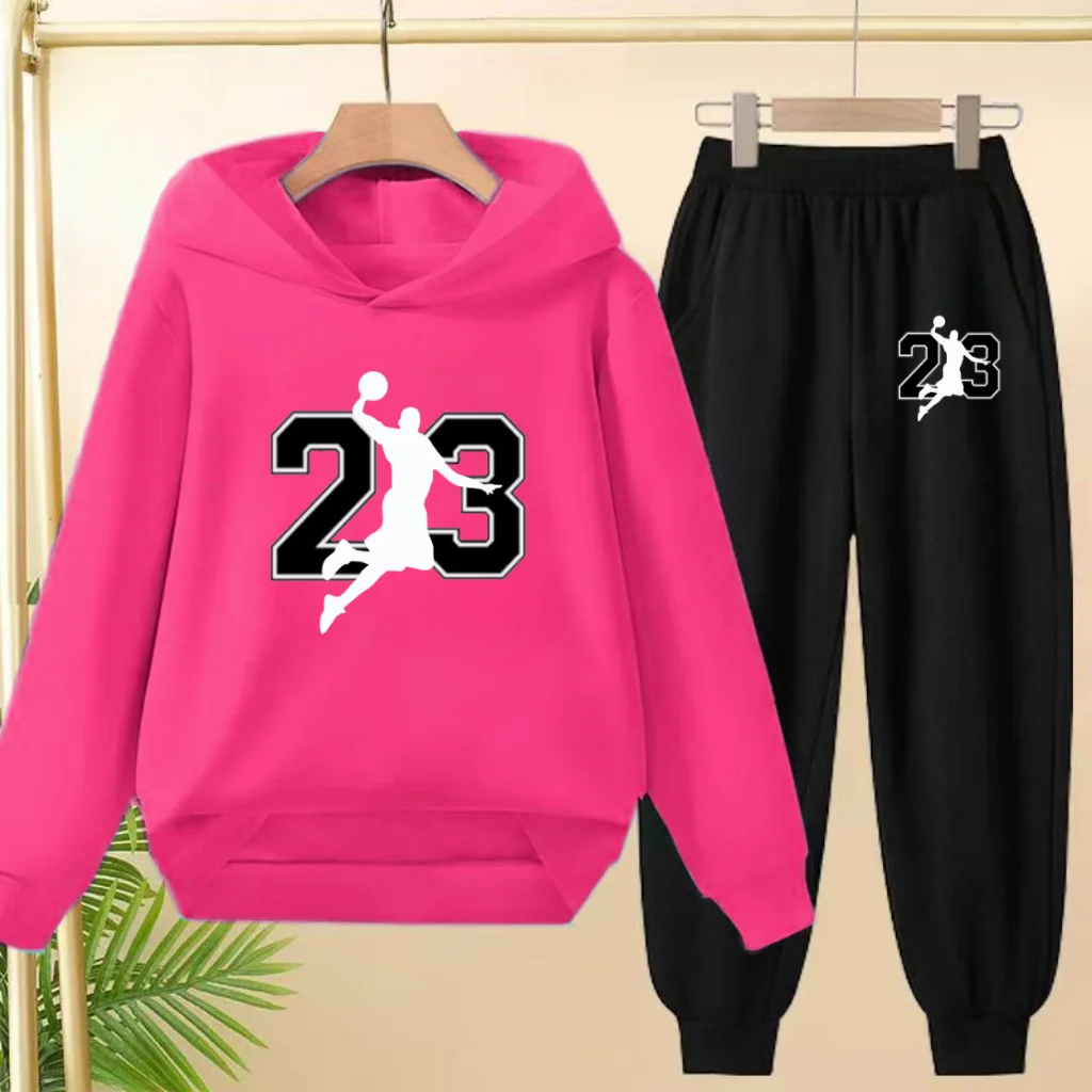 Abbigliamento autunno inverno per bambini numero 23 Felpa con cappuccio da basket Ragazze Boy3-12Yrs Cappotto Felpa casual + Pantaloni Set da 2 pezzi Set sportivo 6