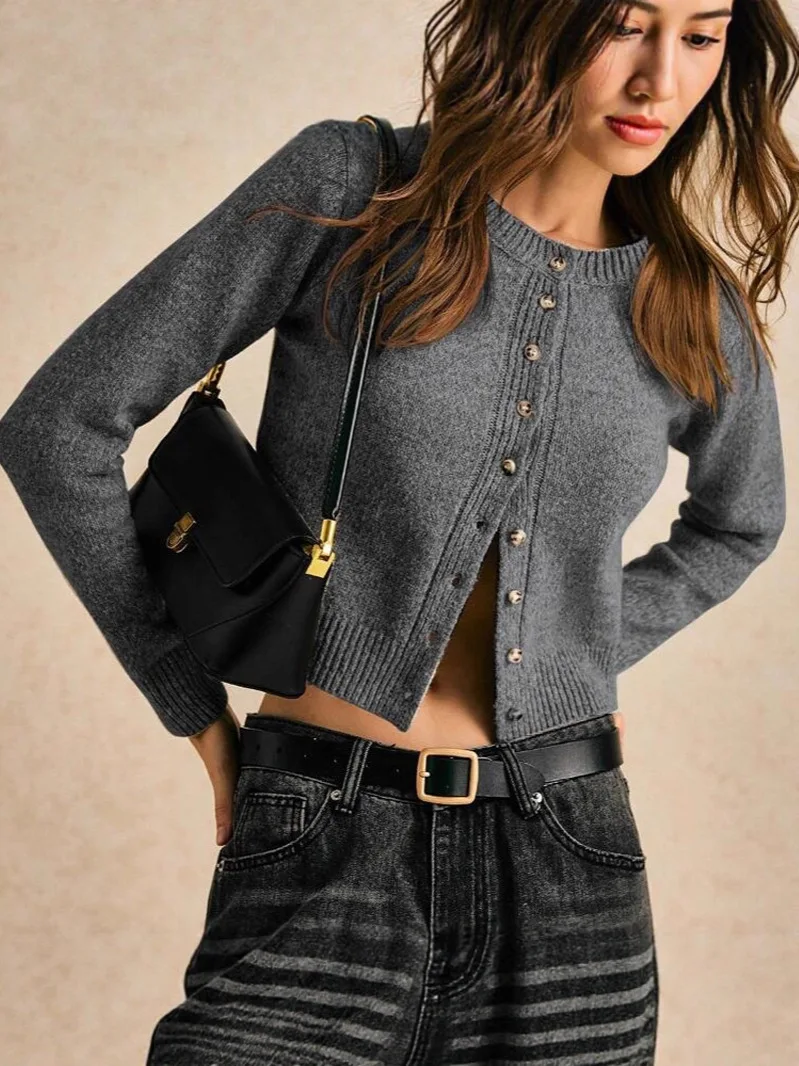 Miyouj 2025 Top a maniche lunghe Maglieria tinta unita Top Donna Coat in maglia con coulisse Nuovo maglione sottile Cardigan Abiti femminili 2