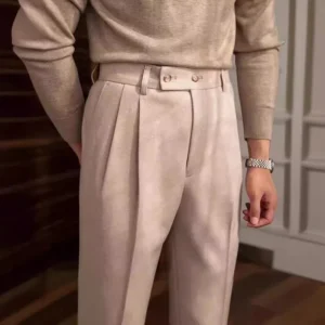 2025 Autunno Inverno Pantaloni casual di lana a vita alta per uomo Pantaloni da abito casual con legging stretti drappeggiati a gamba dritta calda 1