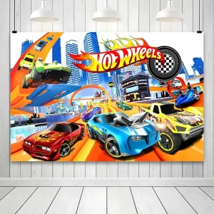 Hot Wheels-Telo Tema Festa di compleanno Decorazione personalizzata Sfondo Panno Stile cartone animato Tirare bandiera Sfondo Decorazione Luogo 1