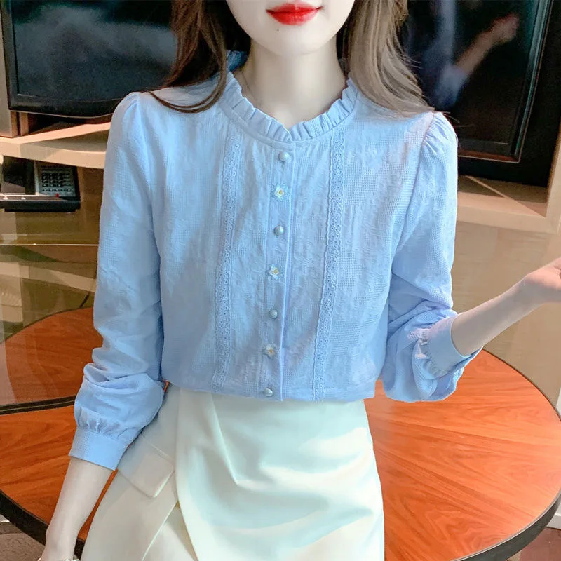 Ricamo Donna Primavera Autunno Camicette Camicie Lady Casual Manica lunga Colletto alla coreana Tinta unita Blusas Top DF4774 6