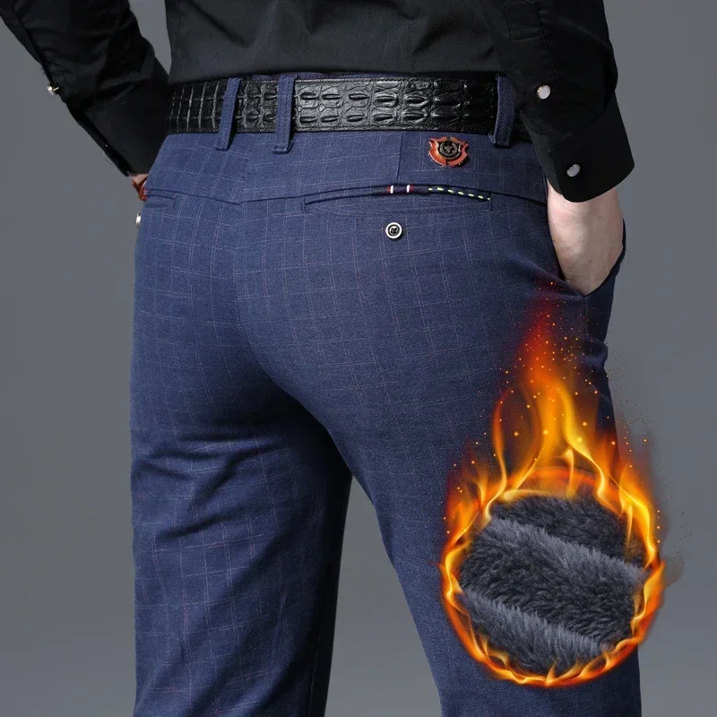 Pantaloni in pile da uomo invernali nuovi pantaloni da lavoro casual alla moda scozzesi elasticizzati dritti più spessi abbigliamento di marca maschile blu nero 2