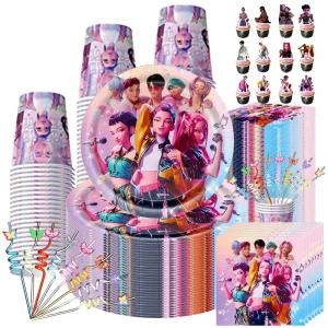 Kpop Demon Hunter Decorazione festa di compleanno Palloncino Kit stoviglie Piatti di carta Tazze Tovaglia Sfondo Banner Forniture per feste 1