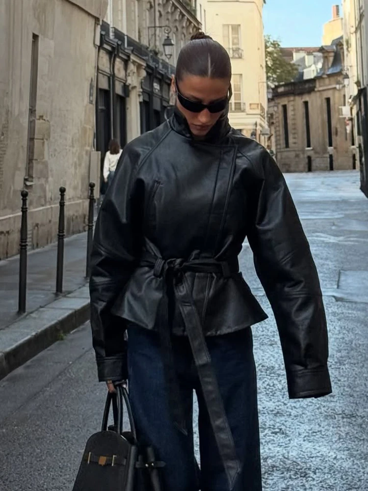 HH moda donna risvolto solido maniche lunghe cappotti larghi casual donna autunno cintura asimmetrica con cerniera decorare giacca corta da strada 3