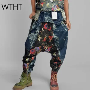 WTHT 2025 Primavera Nuove Donne di Modo Patchwork Stampa Design Harem Jeans Alla Moda Elastico A Vita Alta Pantaloni di Jeans Allentati Femminile 1LS1205 1