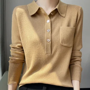Donne 100% pura lana Merino morbido maglione colletto Polo Pullover autunno inverno Casual maglia top tinta unita normale maglieria femminile 1